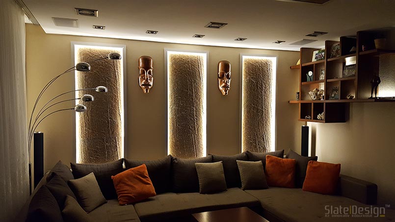 Tiszaújvárosi családi ház - átvilágítható és megvilágított kőburkolat